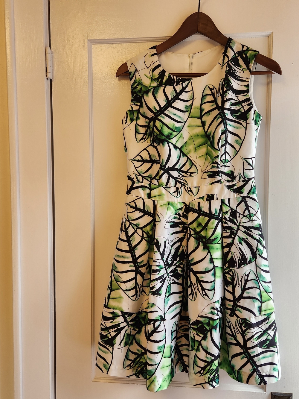 White Midi Dress with Green and Black Leaf Print